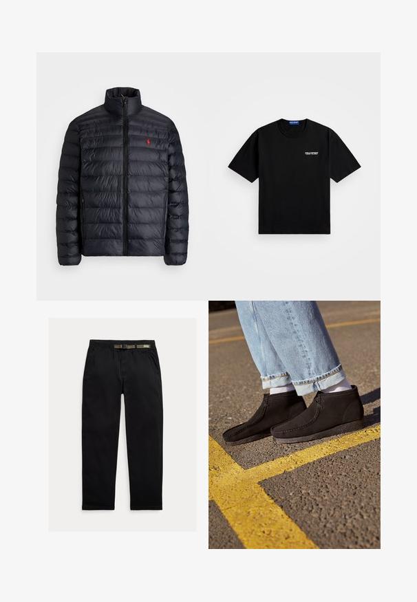 Črna napihnjena jakna z visokim ovratnikom, z quiltano teksturo in sprednjim zadrgo. Opazen rdeč logotip na prsih, dve stranski žepu.; Črna bombažna majica s krožnim izrezom in kratkimi rokavi. Na levi strani prsnega dela je belo logo "POLO SPORT". Standardna velikost.; Črne hlače iz lahkega blaga, z elastičnim pasom in vgrajenim zeleni pasom, ravne noge in stranskimi žepi.; Črne nubuk ankel čevlje z gladko teksturo, ukrivljenim prstom in šivanimi detajli. V kombinaciji s svetlo modrimi zavihanimi hlačami in belimi nogavicami.