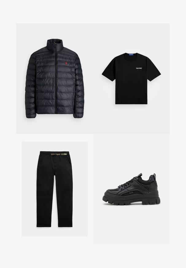 Crna puffer jakna s visokim ovratnikom, s jakim šavovima i prednjim zatvaračem. Istaknuti crveni logotip na prsima, dva bočna džepa.; Crna pamučna majica s okruglim izrezom i kratkim rukavima. Na lijevoj strani prsiju ima "POLO SPORT" logo u bijeloj boji. Standardna veličina.; Crne hlače izrađene od laganog materijala, s elastičnim pojasom i integriranim zelenim remenom, ravnog kroja i bočnim džepovima.; Crne chunky tenisice koje kombiniraju kožne i mrežaste materijale, imaju debelu potplatu, dizajn s vezicama i stražnji rukohvat.