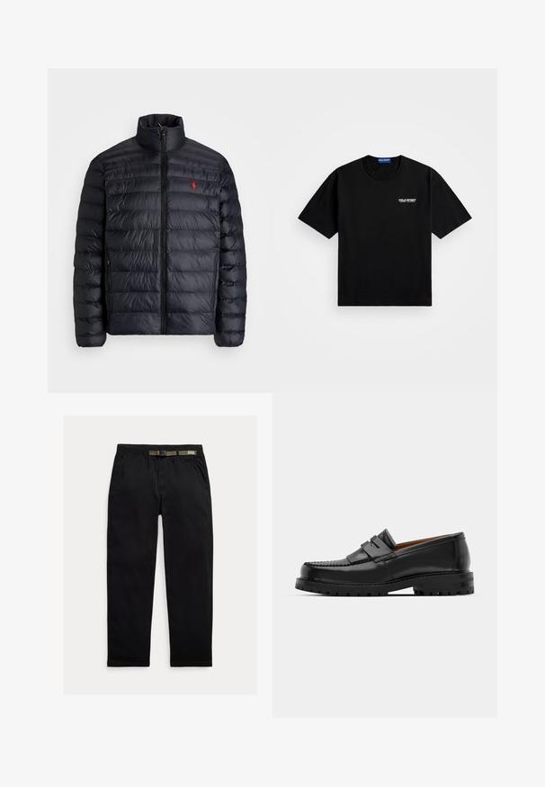 Geacă puf de culoare neagră, cu guler înalt, având o textură matlasată și un fermoar frontal. Logo roșu notabil pe piept, două buzunare laterale.; Tricou din bumbac negru cu guler rotund și mâneci scurte. Prezintă logo-ul "POLO SPORT" pe pieptul stâng, în alb. Croială standard.; Pantaloni negri dintr-un material ușor, cu un talie elastică și o curea verde integrată, croi drept și buzunare laterale.; Mocasinii din piele neagră au o cusătură ridicată, două bare decorative pe partea superioară și o talpă groasă texturată pentru o aderență suplimentară.