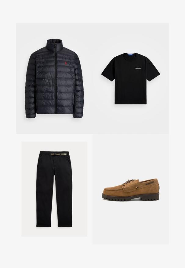 Melnā pūkainā jaka ar augstu apkakli, ar kvadrātkūtīgu tekstūru un priekšējo rāvējslēdzēju. Ievērojams sarkans logos uz krūtīm, divas sānu kabatas.; Melnas kokvilnas T-krekls ar apaļu dekoltē un īsām piedurknēm. Uz kreisā krūtīm atrodas "POLO SPORT" logo baltā krāsā. Standarta piegriezums.; Melnas bikses, izgatavotas no viegla auduma, ar elastīgu jostu un integrētu zaļu jostu, taisna piegriezuma un sānu kabatām.; Brūni zamšadai apavi ar noapaļotu purngalu, kontrastējošiem diegu akcentiem un teksturētu gumijas zoli ar dziļiem rakstiem, lai nodrošinātu saķeri.