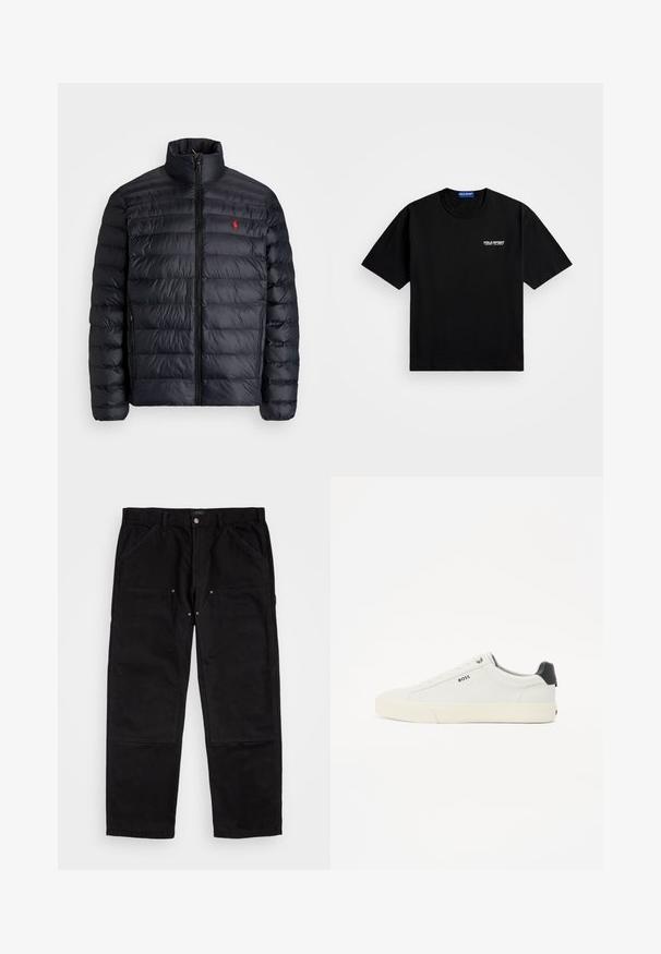 Svart puffjakke med høy krage, med kviltet tekstur og frontglidelås. Merkbar rød logo på brystet, to sidelommer.; Svart bomull T-skjorte med rund hals og korte ermer. Har "POLO SPORT" logo på venstre bryst i hvitt. Standard passform.; Sorte bomullsbukser med avslappet passform, med lommer og metalldetaljer. Glatt tekstur med forsterkede kneområder.; Hvite lær sneakers med teksturert finish, med svart hælkappe, rund tå og merket side logo i svart. Lett gummisåle.