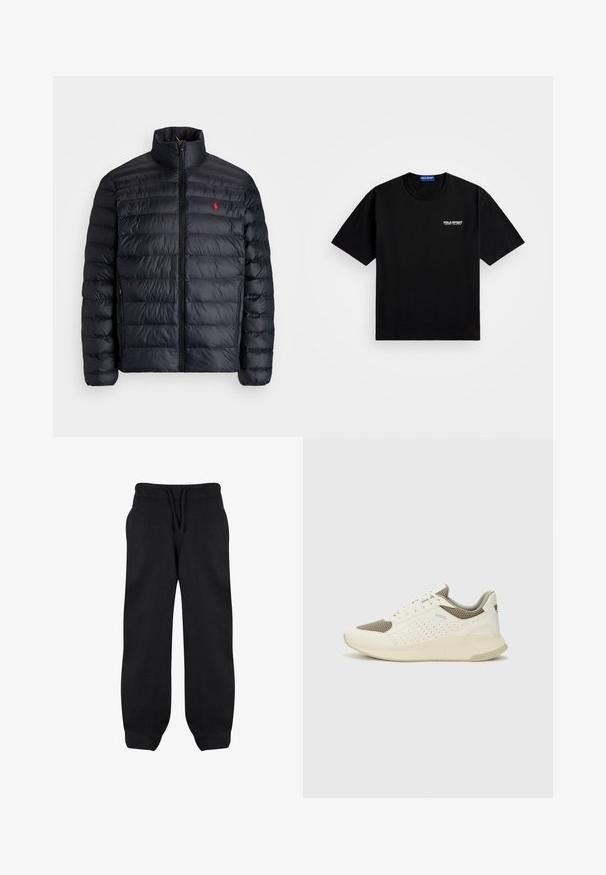 Černá péřová bunda s vysokým límcem, vybavená prošívanou texturou a předním zipem. Výrazné červené logo na hrudi, dvě boční kapsy.; Černé bavlněné tričko s kulatým výstřihem a krátkým rukávem. Na levé hrudi se nachází bílé logo "POLO SPORT". Standardní střih.; Černé tepláky s elastickým pasem, šňůrkou na stažení a bočními kapsami. Vyrobeny z měkké látky s volným střihem a manžetami na kotnících.; Bílé a světle béžové atletické tenisky, které mají síťovaný svršek, perforované detaily a texturovanou mezipodešev s logem na patě.