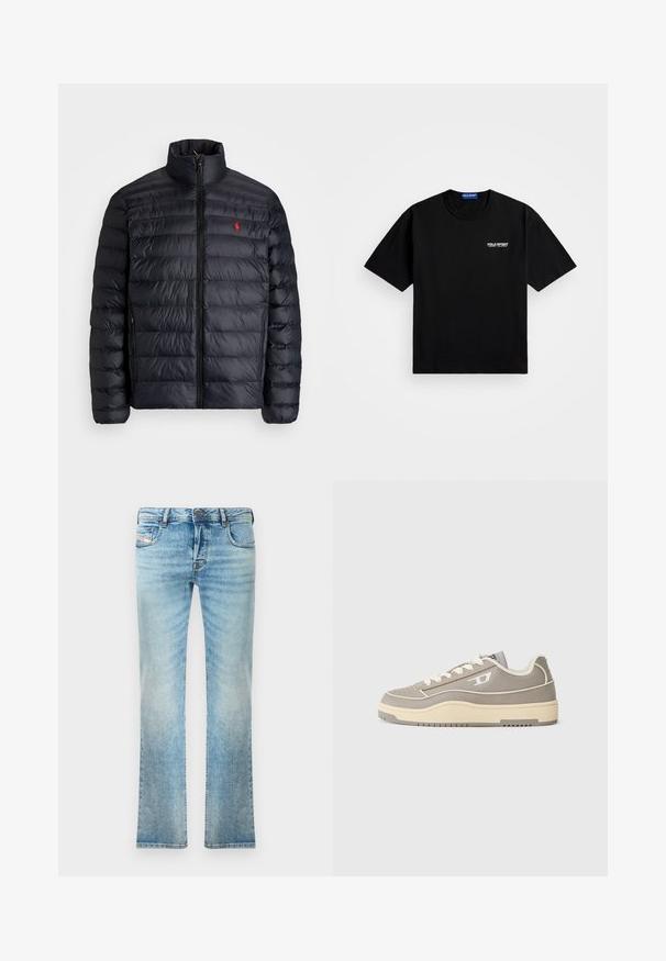 Svart pufferjacka med hög krage, med kviltad struktur och dragkedja fram. Anmärkningsvärd röd logotyp på bröstet, två sidofickor.; Svart bomullströja med rund halsringning och korta ärmar. Har "POLO SPORT"-logotypen på vänster bröst i vitt. Standard passform.; Ljusblå denimjeans med rak benpassform, femficksdesign och lätt urtvättning. Inkluderar metallknapp och dragkedjestängning.; Låg topp sneaker i ljusgrå och krämfärg, med en slät läder överdel, vadderad krage och tjock gummisula med texturerade detaljer.