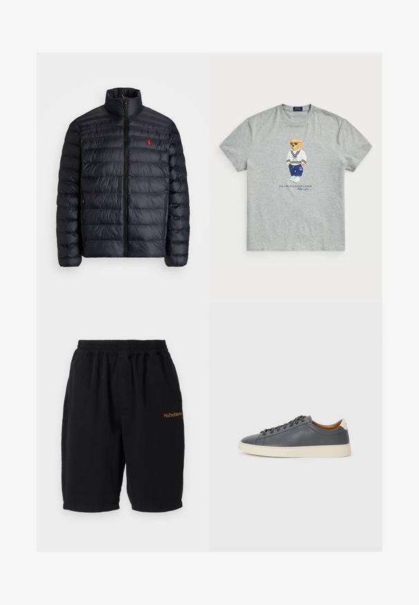 Melnā pūkainā jaka ar augstu apkakli, ar kvadrātkūtīgu tekstūru un priekšējo rāvējslēdzēju. Ievērojams sarkans logos uz krūtīm, divas sānu kabatas.; Pelēka kokvilnas t-krekls ar grafiku, kurā attēlots lācis baltā un zilā apģērbā. Zem dizaina ir izdrukāts "Polo Bear by Ralph Lauren".; Melni kokvilnas šorti ar elastīgu jostu, taisnā griezumā un sānu kabatām. Priekšpusē ir izšūts teksts "No Problemo" oranžā krāsā.; Pelēki ādas sporta apavi ar apaļu purngalu, gumijas zoli, plakanu auklu un gaišiem akcentiem uz papēža. Gluda tekstūra un minimālistisks dizains.