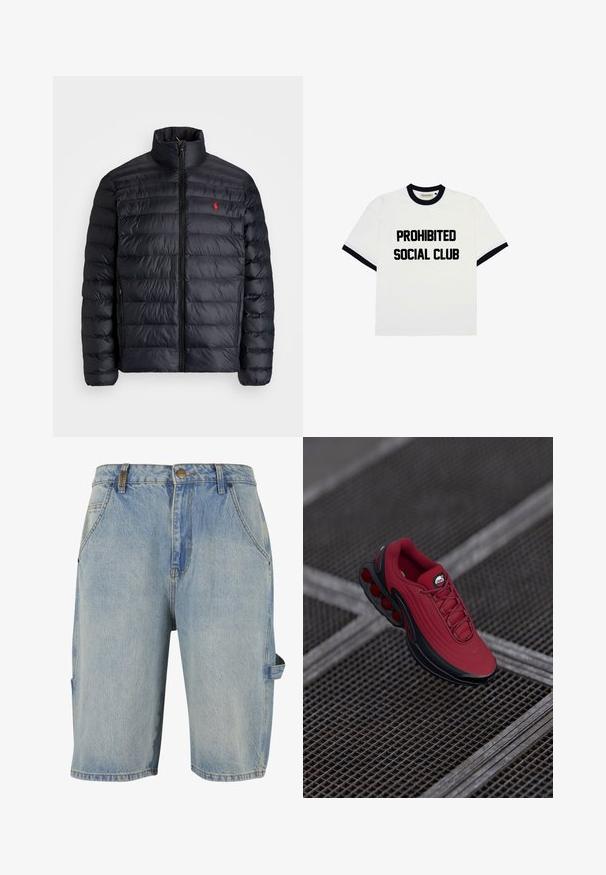 Svart puffjakke med høy krage, med kviltet tekstur og frontglidelås. Merkbar rød logo på brystet, to sidelommer.; Hvit bomulls T-skjorte med marineblå kontrast ribbestrikket krage og ermer. Svart fet tekst med "PROHIBITED SOCIAL CLUB" på forsiden.; Jeansshorts i lys blå, med en klassisk fem-lommers design, synlige sømdetaljer og en sidelomme for verktøy med løkke.; Røde joggesko med teksturert overdel, som har svarte detaljer og et fremtredende såle-design med luftputefunksjon. Snører og logo er synlige på toppen.