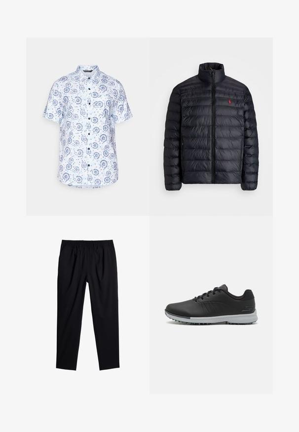 Doudoune noire avec col montant, présentant une texture matelassée et une fermeture éclair avant. Logo rouge bien visible sur la poitrine, deux poches latérales.; Chemise à manches courtes en tissu bleu clair avec un motif floral et circulaire, devant boutonné et col pointu.; Pantalons noirs avec une taille élastique, coupe ample et texture lisse. Équipés de jambes fuselées et sans poches visibles ni embellissements.; Chaussures de golf synthétiques noires avec un dessus texturé, un design à lacets et une semelle extérieure grise dotée de pointes pour une meilleure traction.