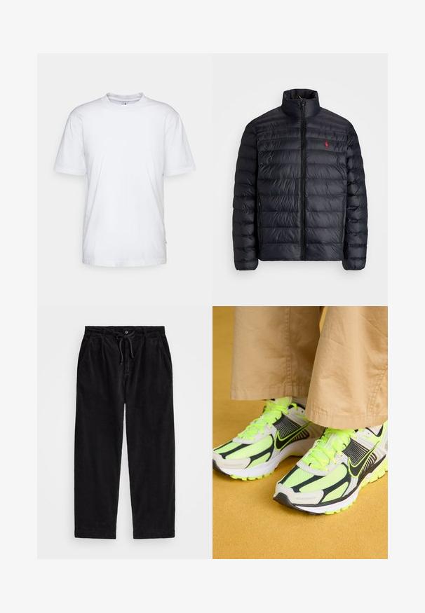 Black puffer jacket with a high collar, featuring quilted texture and a front zipper. Notable red logo on the chest, two side pockets.; White cotton t-shirt with a crew neck, short sleeves, and a straight hem. Features a small brand tag on the left side seam.; Black corduroy pants with a relaxed fit, featuring an elastic waistband with a drawstring, and side pockets. Fabric shows ribbed texture.; Neon green and black running shoes with mesh material, contrasting overlays, and textured soles, featuring bright laces and a cushioned design.