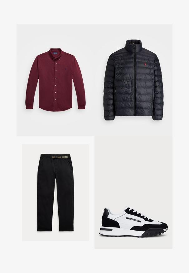 Černá péřová bunda s vysokým límcem, vybavená prošívanou texturou a předním zipem. Výrazné červené logo na hrudi, dvě boční kapsy.; Burgunďská košile na dlouhý rukáv s límečkem, předními knoflíky a malým vyšitým logem v tmavě modré barvě na levé straně hrudi.; Černé kalhoty vyrobené z lehkého materiálu, s elastickým pasem a integrovaným zeleným páskem, rovného střihu a bočními kapsami.; Tenisky s černým semišem a bílou koženou svrchní částí, s černou gumovou podrážkou, bílými tkaničkami a logem "POLO SPORT" na boku.