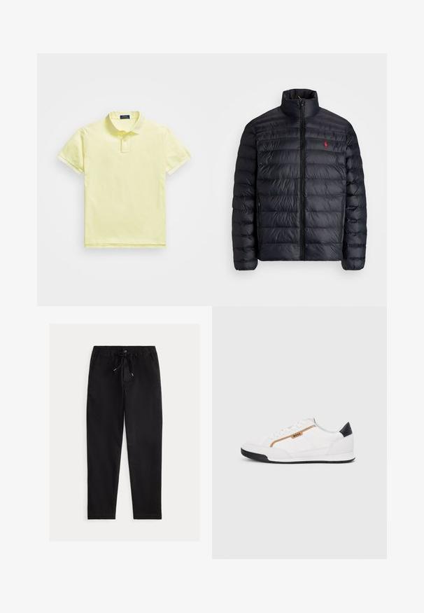 Casaco puffer preto com gola alta, apresentando textura acolchoada e um fecho à frente. Logotipo vermelho notável no peito, dois bolsos laterais.; Polo com gola clássica em algodão amarelo, mangas curtas, pala de três botões e logótipo bordado no lado esquerdo do peito.; Calças pretas de corte descontraído com cintura elástica, cordão e bolsos frontais. Feitas de um tecido suave e leve.; Tênis atléticos brancos com detalhes em malha e couro. Apresenta um logotipo dourado "BOSS", painéis laterais texturizados e um capô de calcanhar preto. Sola em borracha.