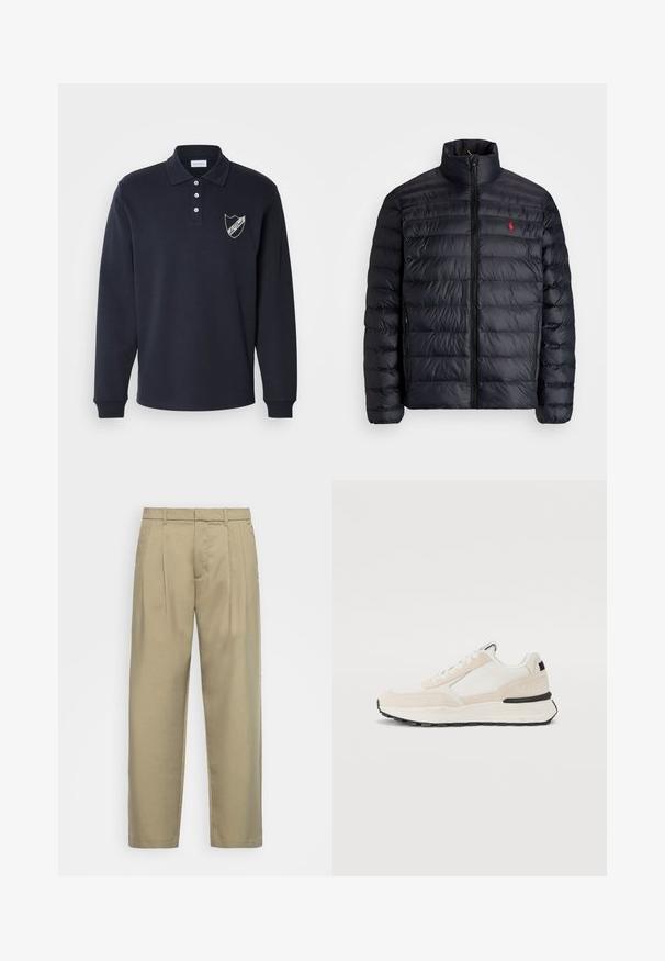 Melnā pūkainā jaka ar augstu apkakli, ar kvadrātkūtīgu tekstūru un priekšējo rāvējslēdzēju. Ievērojams sarkans logos uz krūtīm, divas sānu kabatas.; Jūras spēku tumši zils garām piedurknēm polo krekls, kokvilnas maisījums, ar trīs pogām, ribotām aprocēm un balto vairoga logotipu kreisajā krūtī.; Bēša, augstās jostas bikses ar taisnu piegriezumu, ar plakanu priekšpusi, sānu kabatām un gludu, teksturētu audumu.; Baltas un bēša krāsas sporta apavi, izgatavoti no zamšādas un tīkla, ar slāņotu dizainu, melnu zoli un nemanāmu zīmolu aizmugurē.