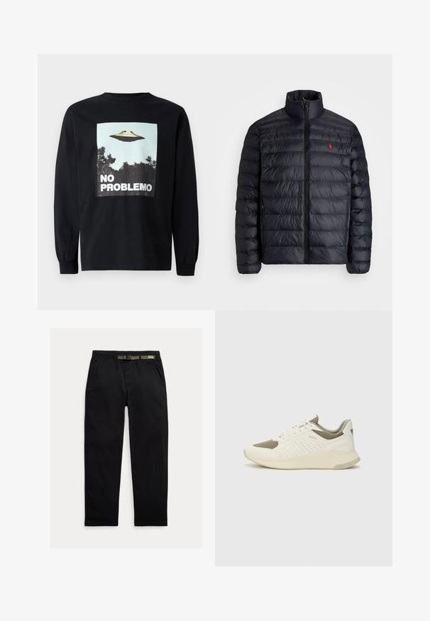 Zwarte pufferjas met hoge kraag, met een gequiltde textuur en een rits aan de voorkant. Opvallend rood logo op de borst, twee zijzakken.; Zwarte longsleeve t-shirt met een grafische afbeelding van een vliegende schotel boven bomen en de tekst "NO PROBLEMO" in vetgedrukte witte letters.; Zwarte broek van lichtgewicht stof, met een elastische tailleband en een geïntegreerde groene riem, recht model en zijzakken.; Witte en lichtbeige sport sneaker, met een bovenwerk van mesh, geperforeerde details en een gestructureerde tussenzool met branding op de hiel.