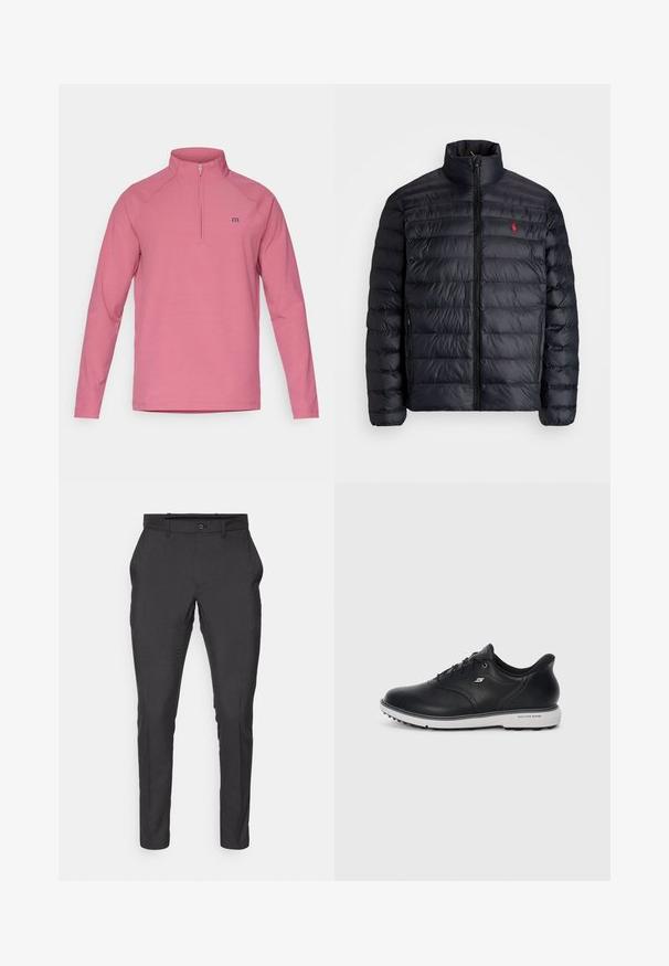 Juodas pūkuotas džemperis su aukštu apykakle, turintis siuvinėtą tekstūrą ir užtrauktuką priekyje. Pastebimas raudonas logotipas ant krūtinės, dvi šoninės kišenės.; Rožinė ilgomis rankovėmis megztinis su pusiau užtrauktuku, pasižymintis prigludusia forma, raglaniniu modeliu ir mažuoju mėlynu logotipu ant krūtinės.; J.LINDEBERG Sports ELOF PANT - Kelnės - black; Juodas odinis batų modelis Skechers su raišteliais, balta pado dalimi, šoniniu logotipu ir tekstūruotu gripu padu prieš paprastą šviesią fono.