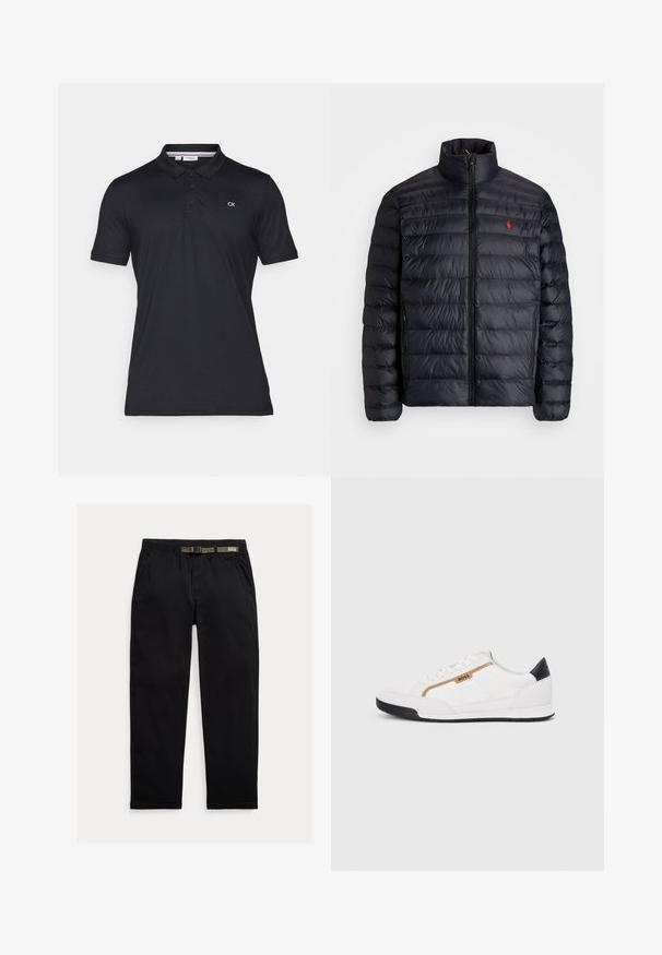 Casaco puffer preto com gola alta, apresentando textura acolchoada e um fecho à frente. Logotipo vermelho notável no peito, dois bolsos laterais.; Camisa polo preta de algodão com uma pala de dois botões e mangas curtas. Apresenta o logo "CK" bordado no lado esquerdo do peito.; Calças pretas feitas de um tecido leve, com uma cintura elástica com um cinto verde integrado, corte reto e bolsos laterais.; Tênis atléticos brancos com detalhes em malha e couro. Apresenta um logotipo dourado "BOSS", painéis laterais texturizados e um capô de calcanhar preto. Sola em borracha.