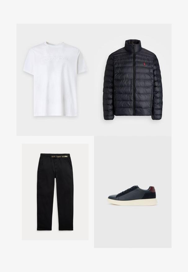 Svart puffjakke med høy krage, med kviltet tekstur og frontglidelås. Merkbar rød logo på brystet, to sidelommer.; Hvit kortermet t-skjorte med rund hals og preget "MICHAEL KORS"-logo sentrert på brystet mot en ensfarget bakgrunn.; Sorte bukser laget av lett stoff, med strikk i midjen og en integrert grønn belte, rett ben-kutt og sidelommer.; Lave herresko i sort læder og ruskind med maroon hælflap og hvid gummisål, set fra ydersiden.