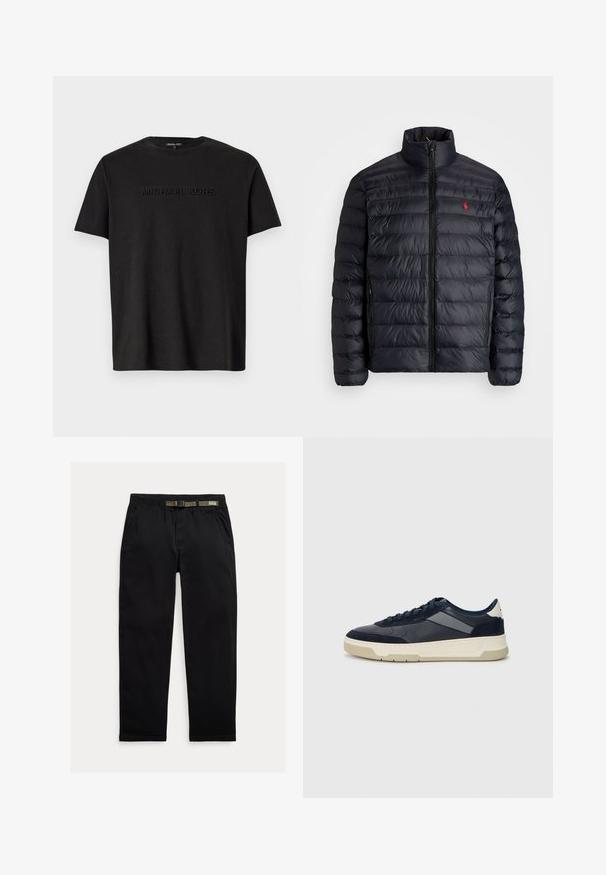 Melnā pūkainā jaka ar augstu apkakli, ar kvadrātkūtīgu tekstūru un priekšējo rāvējslēdzēju. Ievērojams sarkans logos uz krūtīm, divas sānu kabatas.; Melna kokvilnas T-krekls ar īsām piedurknēm, ar diskreti izcilu "MICHAEL KORS" logo uz krūtīm un klasisku apaļu kakla izgriezumu.; Melnas bikses, izgatavotas no viegla auduma, ar elastīgu jostu un integrētu zaļu jostu, taisna piegriezuma un sānu kabatām.; BOSS BALTIMORE - Sporta apavi - open blue