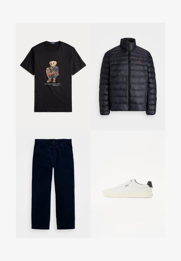 Svart puffjakke med høy krage, med kviltet tekstur og frontglidelås. Merkbar rød logo på brystet, to sidelommer.; Svart bomulls-t-skjorte med en stilisert bjørn i jakke og solbriller, som holder en truger, med tekst under.; Mørkeblå kordfløyelsbukser med snor i livet, med sidelommer og rett ben-design. Myk tekstur med vertikal ribbing.; Hvite lær sneakers med teksturert finish, med svart hælkappe, rund tå og merket side logo i svart. Lett gummisåle.