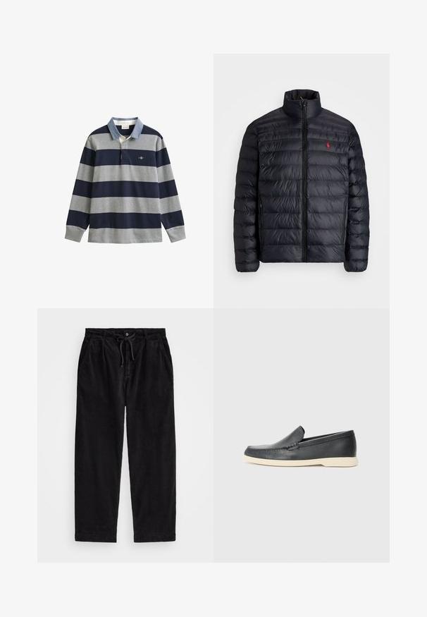 Zwarte pufferjas met hoge kraag, met een gequiltde textuur en een rits aan de voorkant. Opvallend rood logo op de borst, twee zijzakken.; Polo met lange mouwen met marineblauwe en grijze strepen, een lichtblauwe kraag en een logo op de borst. Gemaakt van katoenen stof met een zachte textuur.; Zwarte corduroy broek met een relaxte pasvorm, voorzien van een elastische tailleband met een koord, en zijzakken. De stof vertoont een ribbelstructuur.; Zwarte leren instappers met een gestructureerde afwerking en een contrasterende beige rubberen zool. Beschikt over een subtiele accent langs de voorkant.