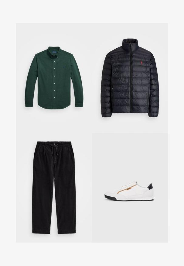 Giacca a vento nera con colletto alto, caratterizzata da una texture trapuntata e una chiusura frontale con zip. Logo rosso ben visibile sul petto, due tasche laterali.; Camicia a maniche lunghe verde scuro con bottoni, colletto con bottoni e piccolo logo ricamato sul lato sinistro del petto, su sfondo bianco.; Pantaloni in velluto a coste neri con una vestibilità rilassata, dotati di una vita elasticizzata con cordoncino e tasche laterali. Il tessuto presenta una texture a coste.; Scarpe sportive bianche con accenti in rete e pelle. Presentano un logo dorato "BOSS", pannelli laterali testurizzati e un copri tallone nero. Suola in gomma.