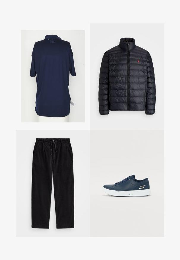 Black puffer jacket with a high collar, featuring quilted texture and a front zipper. Notable red logo on the chest, two side pockets.; Navy blue polo shirt with a collar, short sleeves, and a tag on the back. Made from smooth, breathable fabric with a loose fit.; Black corduroy pants with a relaxed fit, featuring an elastic waistband with a drawstring, and side pockets. Fabric shows ribbed texture.; Navy blue sneaker with smooth synthetic upper, padded collar, and white sole. Features logo on side and flat laces for secure fit.