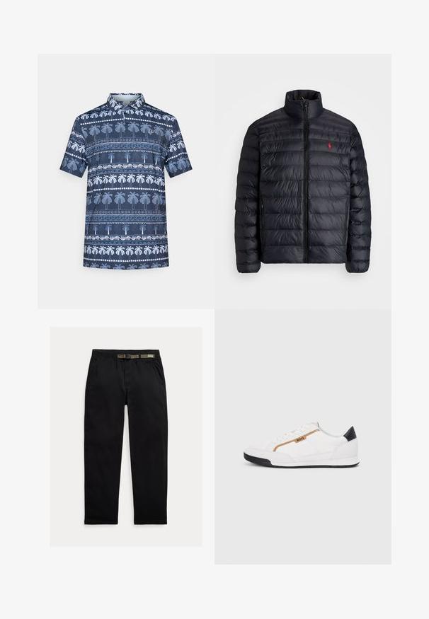 Chaqueta de abrigo negra con cuello alto, con textura acolchada y cremallera frontal. Logo rojo notable en el pecho, dos bolsillos laterales.; Camisa polo azul marino con patrón de palmeras blancas, de manga corta y con cuello. Detalles notables incluyen líneas decorativas y acentos.; Pantalones negros de tela ligera, con una cintura elástica que incluye un cinturón verde integrado, corte recto y bolsillos laterales.; Zapatillas deportivas blancas con acentos de malla y cuero. Presentan un logotipo dorado de "BOSS", paneles laterales texturizados y una tapa de talón negra. Suela de goma.