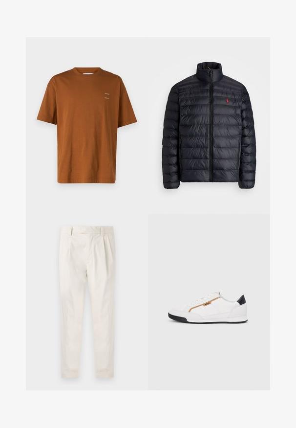 Črna napihnjena jakna z visokim ovratnikom, z quiltano teksturo in sprednjim zadrgo. Opazen rdeč logotip na prsih, dve stranski žepu.; Rjava bombažna majica s sproščenim krojem, okroglim izrezom in kratkimi rokavi. Na sprednji strani vsebuje majhen natisnjen tekst v beli barvi.; Bele, plisirane hlače s krojenim prileganjem, z gladko teksturo, z zankami za pas in ožjimi hlačnicami. Brez vidnih žepov ali vzorcev.; Bele športne čevlje z mrežnimi in usnjenimi detajli. Opremljeni so z zlatim logotipom "BOSS", teksturiranimi stranskimi paneli in črnim kapcom na peti. Guma podplat.
