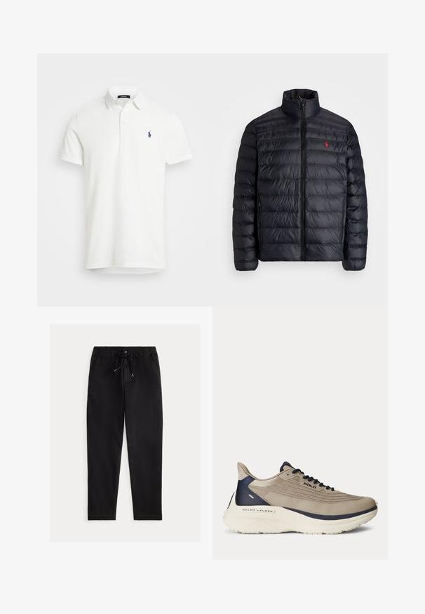 Casaco puffer preto com gola alta, apresentando textura acolchoada e um fecho à frente. Logotipo vermelho notável no peito, dois bolsos laterais.; Camisa polo branca feita de algodão suave, com colarinho clássico, mangas curtas e um logótipo bordado em azul-marinho no lado esquerdo do peito.; Calças pretas de corte descontraído com cintura elástica, cordão e bolsos frontais. Feitas de um tecido suave e leve.; Sapatilha atlética bege com parte superior em malha texturizada, detalhes em azul-marinho, sola branca espessa e um design intrincado. Possui atacadores e logótipo.