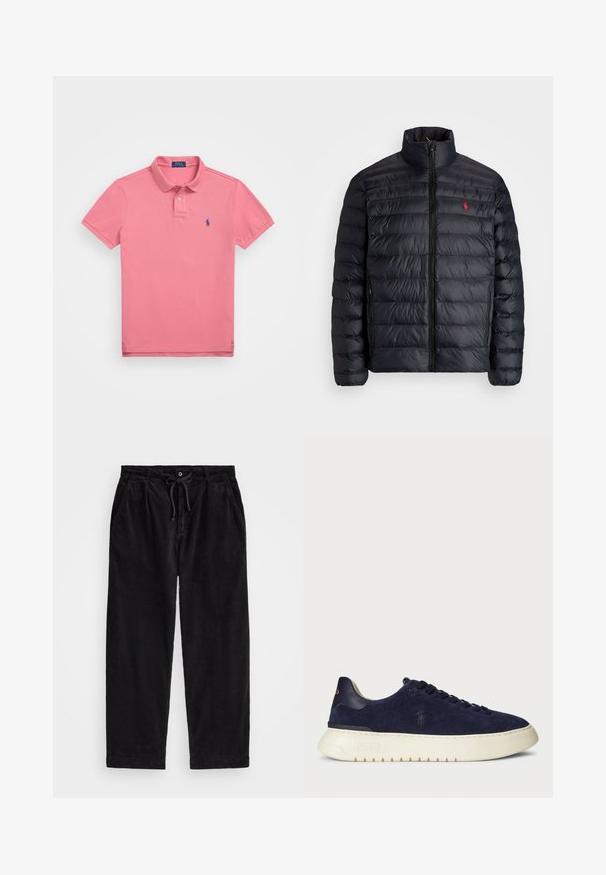 Svart puffjakke med høy krage, med kviltet tekstur og frontglidelås. Merkbar rød logo på brystet, to sidelommer.; Polo Ralph Lauren THE ICONIC MESH POLO SHIRT - Poloskjorter - adirondack berry; Svart corduroybukser med avslappet passform, med elastisk midjebånd og snor, samt sidelommer. Stoffet har ribbet tekstur.; Marineblå semsket lavsko med en teksturert overflate, gummisåle og tonede snører, med en liten logo på siden og hælen.