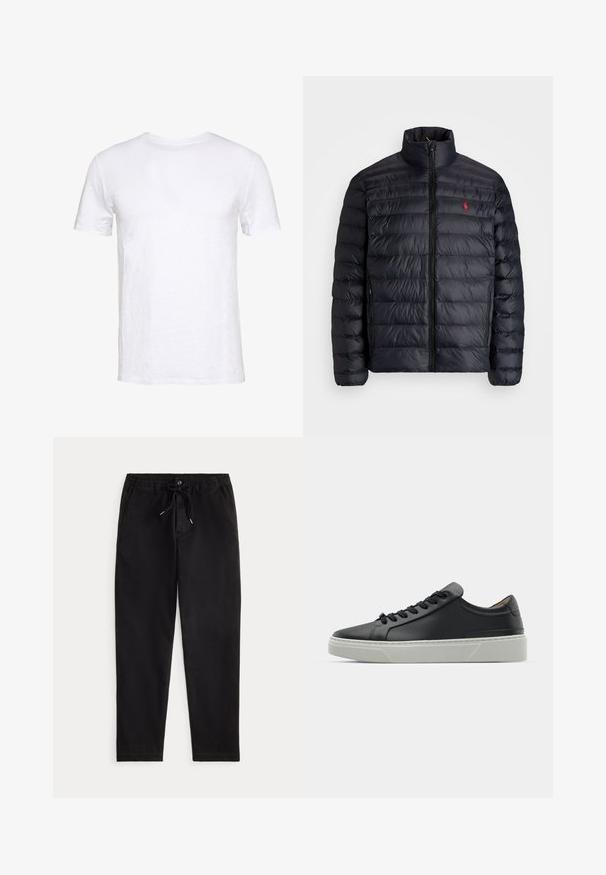 Crna puffer jakna s visokim ovratnikom, s jakim šavovima i prednjim zatvaračem. Istaknuti crveni logotip na prsima, dva bočna džepa.; Bijela kratka majica s kratkim rukavima izrađena od mekanog pamuka, klasičnog izreza, jednostavnog dizajna i ravnog kroja, pogodna za svakodnevno nošenje.; Crne ležerne hlače s elastičnim pojasom, vezicom, prednjim gumbom i bočnim džepovima, prikazane na jednostavnoj pozadini.; Crne kožne tenisice s glatkom teksturom, okruglim vrhom i crnim čipkastim vezicama. Imaju debeo bijeli gumeni potplat s suptilnim geometrijskim naglascima.