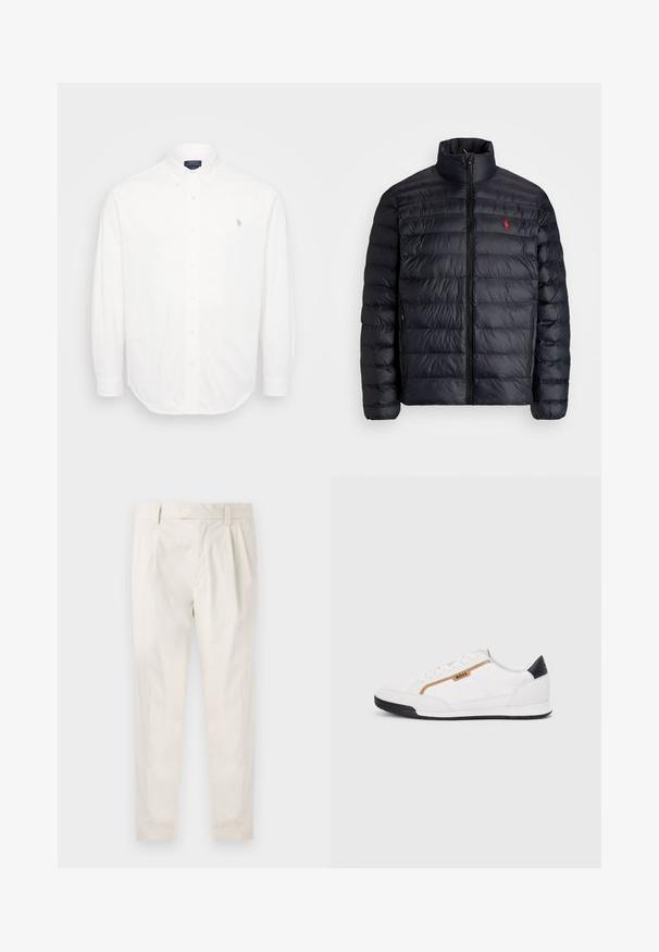 Černá péřová bunda s vysokým límcem, vybavená prošívanou texturou a předním zipem. Výrazné červené logo na hrudi, dvě boční kapsy.; Bílá košile s dlouhým rukávem, která má límec na knoflíky, přední knoflíky a malé vyšívané logo na levé hrudi. Vyrobena z bavlny.; Bílé, plisované kalhoty s upraveným střihem, které mají hladkou texturu, poutka na opasek a zúžené nohavice. Bez viditelných kapes nebo vzorů.; Bílé sportovní boty s akcenty z meshe a kůže. Mají zlaté logo "BOSS", texturované boční panely a černý podpatek. Gumová podrážka.