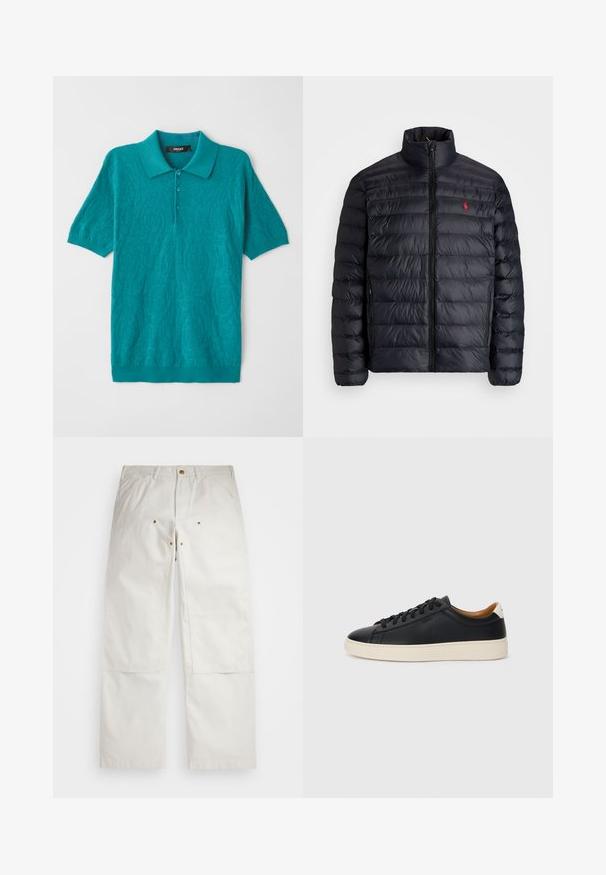 Casaco puffer preto com gola alta, apresentando textura acolchoada e um fecho à frente. Logotipo vermelho notável no peito, dois bolsos laterais.; Camisa polo turquesa com um padrão floral texturizado, mangas curtas e colarinho. Apresenta um fecho de três botões e punhos e bainha canelados.; Calças de algodão brancas com um corte relaxado, apresentando bolsos frontais, detalhes em hardware dourado e remendos nos joelhos.; Tenis de couro preto com uma textura suave, sola de borracha bege, design de atar e um destaque no calcanhar em contraste.