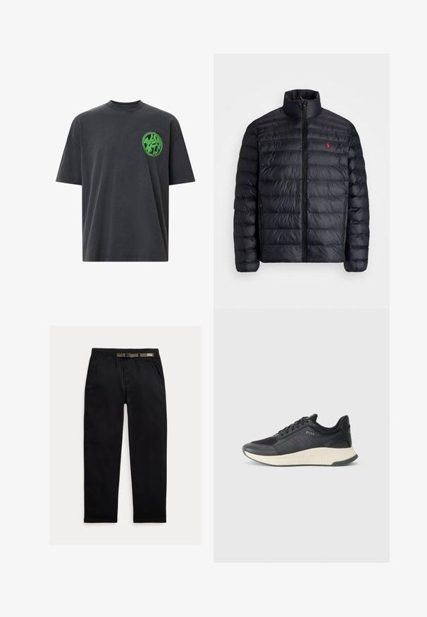 Must läikiv must puffer-jakk kõrge kraega, millel on distsiplineeritud õmmeldud tekstuur ja ettepoole avanev lukustus. Silmapaistev punane logo rinnal ja kaks küljetaskut.; Hallhalli halliste säärega hall puuvillane t-särk, ümmarguse kaelaauguga, millel on vasakus rinnas roheline ümmargune logo. Sile tekstuur.; Kergedest kootud mustad püksid, millel on elastne vöökoht, integreeritud roheline vöö, sirge jalgade lõige ja küljetaskud.; Mustmustel must ja perforatsioonidega võrgust pehme pealispind, kreemiline tekstureeritud vahevööt ning kummist välistald, mis pakub haarduvust.