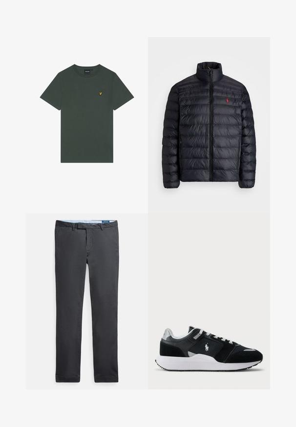 Casaco puffer preto com gola alta, apresentando textura acolchoada e um fecho à frente. Logotipo vermelho notável no peito, dois bolsos laterais.; T-shirt de algodão verde escuro com gola redonda e mangas curtas. Apresenta um pequeno logotipo amarelo bordado no lado esquerdo do peito.; Calças chino cinza escuro com frente lisa, bolsos laterais e passadores para cinto; feitas de tecido liso e tecido; design de perna reta com bainha limpa.; Sapatilha baixa em preto e branco com parte superior em malha e camurça, atacadores brancos, sola branca e um logo de jogador de polo na lateral.