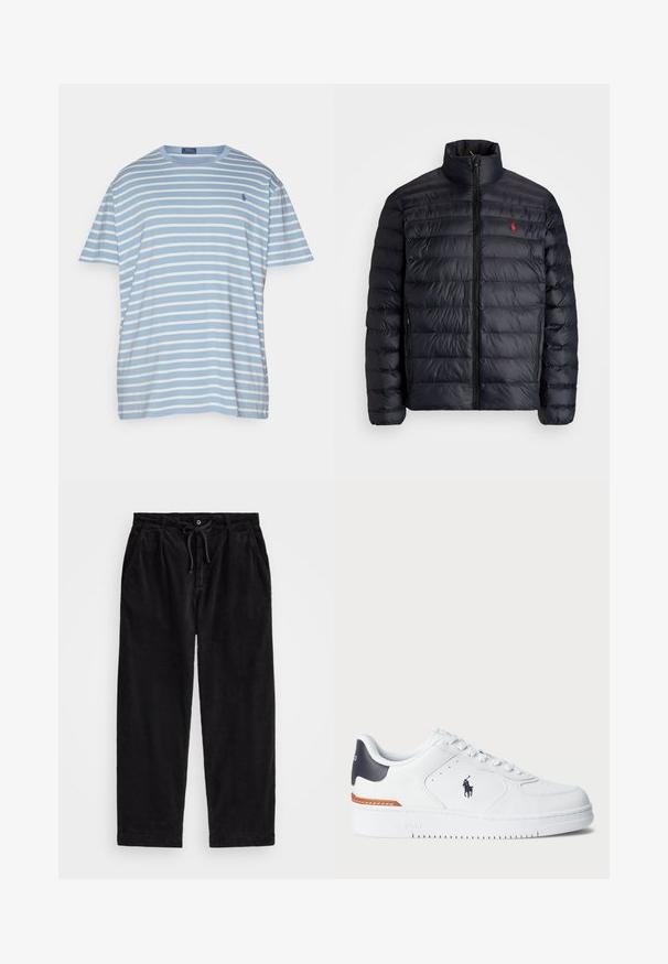 Casaco puffer preto com gola alta, apresentando textura acolchoada e um fecho à frente. Logotipo vermelho notável no peito, dois bolsos laterais.; Polo Ralph Lauren Big & Tall STRIPED JERSEY CREWNECK T-SHIRT - T-shirt estampada - vessel blue/nevis; Calças de veludo cotelê pretas com um ajuste relaxado, apresentando uma cintura elástica com cordão e bolsos laterais. O tecido apresenta uma textura canalizada.; Tênis brancos com parte superior em couro texturizado, detalhe azul-marinho no calcanhar, bico perfurado e detalhe laranja na entressola. Apresenta logotipo na lateral.