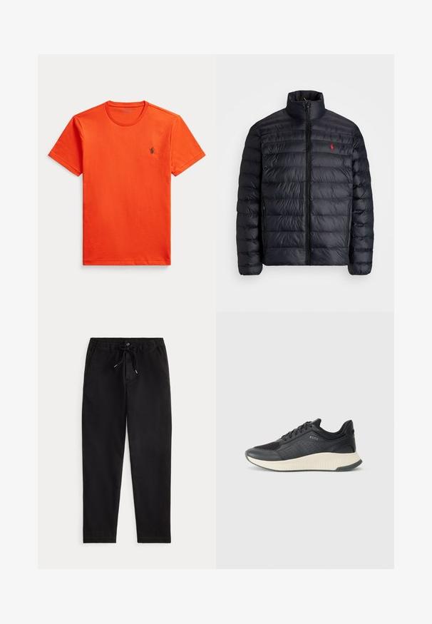 Svart puffjakke med høy krage, med kviltet tekstur og frontglidelås. Merkbar rød logo på brystet, to sidelommer.; Oransje bomulls-T-skjorte med rund hals, korte ermer og en liten grønn brodert logo på venstre bryst. Glatt tekstur.; Svart bukser i en avslappet stil med elastisk midje, snøring, frontlås og sidelommer, presentert mot en enkel bakgrunn.; Sorte treningstøvel med mesh-overdel med perforeringer, en teksturert mellomsåle i kremfarge, og en gummisåle for godt grep.