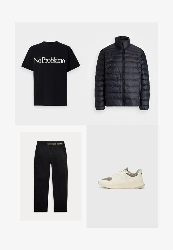 Černá péřová bunda s vysokým límcem, vybavená prošívanou texturou a předním zipem. Výrazné červené logo na hrudi, dvě boční kapsy.; Černé bavlněné tričko s krátkými rukávy a kulatým výstřihem. Na přední straně je velký bílý nápis "No Problemo".; Černé kalhoty vyrobené z lehkého materiálu, s elastickým pasem a integrovaným zeleným páskem, rovného střihu a bočními kapsami.; Bílé a světle béžové atletické tenisky, které mají síťovaný svršek, perforované detaily a texturovanou mezipodešev s logem na patě.