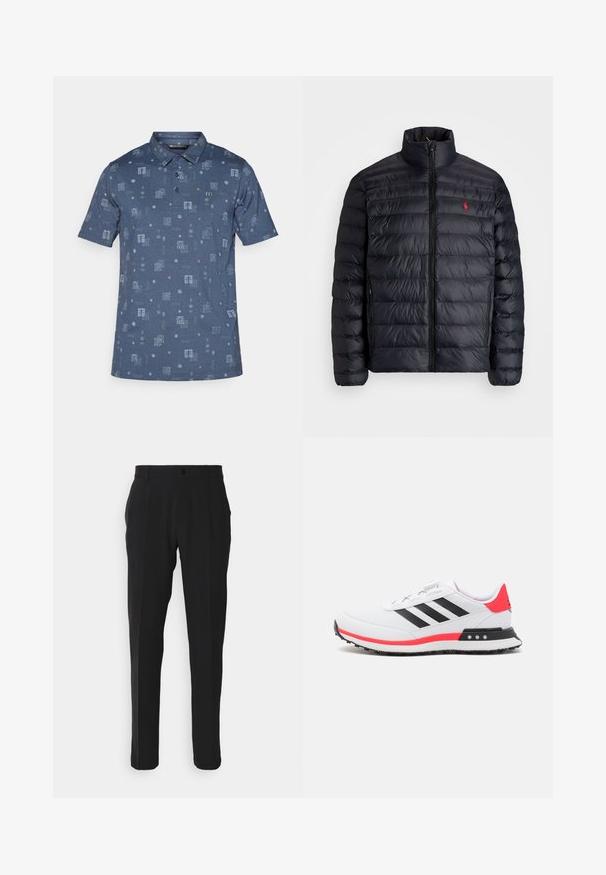 Fekete puffertakó magas gallérral, steppelt textúrával és elől cipzárral. Figyelemre méltó piros logóval a mellkason, két oldalsó zsebbel.; Rövid ujjú póló ing sötétkék színben, melyen világoskék négyzetek és geometriai formák texturált mintázata található korall színű kiegészítőkkel.; Fekete nadrág egyenes szabású fazonnal, egy elülső zsebbel, övbújtatókkal és gombos záródással. Sima szövet textúra.; Fehér sportcipő fekete csíkokkal, piros sarkú kiemeléssel és texturált talppal. Simára épített felsőrésze és kör alakú fűzőrendszere van.