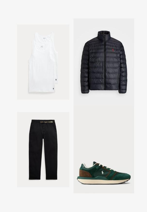 Černá péřová bunda s vysokým límcem, vybavená prošívanou texturou a předním zipem. Výrazné červené logo na hrudi, dvě boční kapsy.; Bílé bavlněné tílka v sadě po dvou, s klasickým kulatým výstřihem a malým vyšívaným logem v levém dolním rohu.; Černé kalhoty vyrobené z lehkého materiálu, s elastickým pasem a integrovaným zeleným páskem, rovného střihu a bočními kapsami.; Pánské sneakers v tmavě zelené a hnědé semišové kůži, s síťovinovými panely, bílými tkaničkami a gumovou podrážkou. Obsahuje logo na boku.