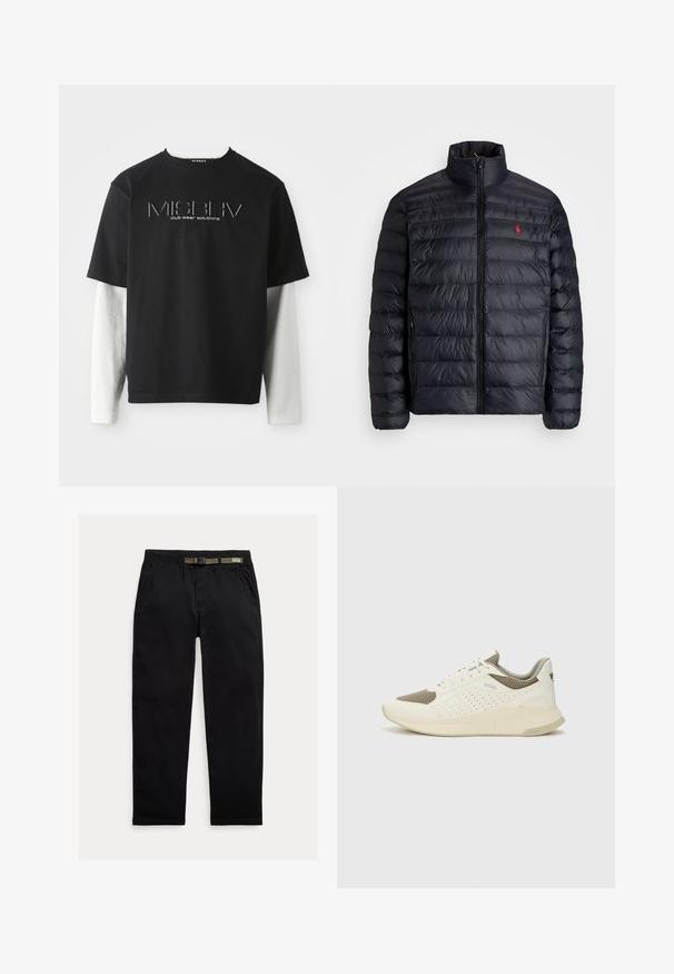 Črna napihnjena jakna z visokim ovratnikom, z quiltano teksturo in sprednjim zadrgo. Opazen rdeč logotip na prsih, dve stranski žepu.; Črna majica s kratkimi rokavi, položena preko bele dolge majice, z logotipom MISBHV club wear solutions v središču prsnega dela.; Črne hlače iz lahkega blaga, z elastičnim pasom in vgrajenim zeleni pasom, ravne noge in stranskimi žepi.; Beli in svetlo bež športni copat, s mrežastim zgornjim delom, perforiranimi detajli in teksturirano srednjim delom z blagovno znamko na peti.