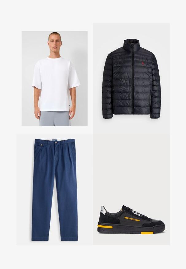 Giacca a vento nera con colletto alto, caratterizzata da una texture trapuntata e una chiusura frontale con zip. Logo rosso ben visibile sul petto, due tasche laterali.; T-shirt bianca oversize in cotone, con scollatura rotonda e maniche corte. Tessuto morbido, orlo dritto, indossata con pantaloni shorts grigi.; Pantaloni a sigaretta blu navy realizzati in tessuto misto cotone, con chiusura a bottone, due tasche frontali e una texture liscia.; Sneaker nere con una parte superiore in camoscio e rete, dettagli gialli e una suola nera spessa. Chiusura con lacci e marchio "POLO SPORT" sul lato.
