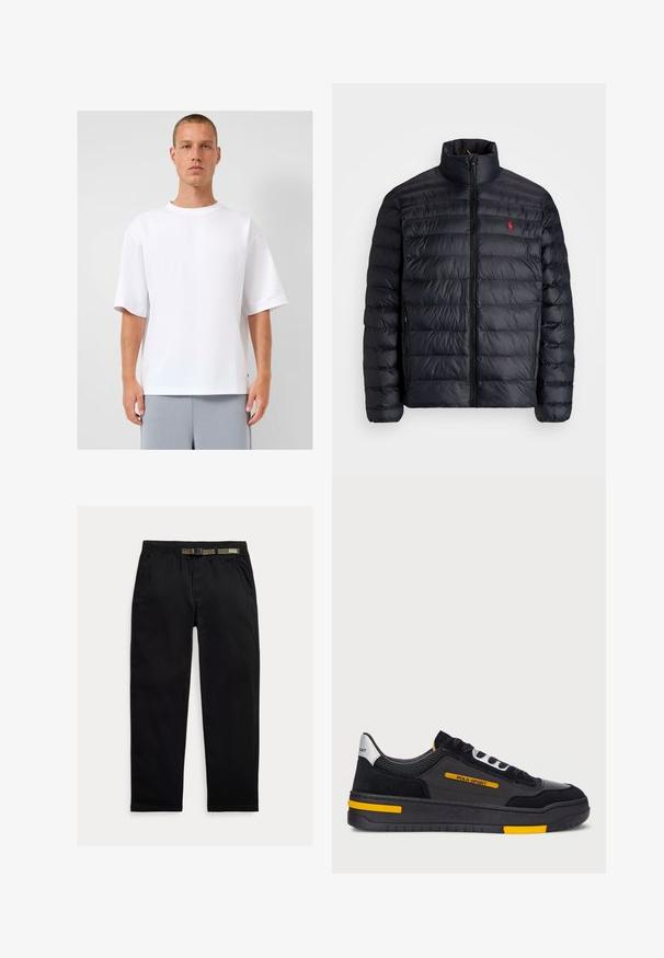 Zwarte pufferjas met hoge kraag, met een gequiltde textuur en een rits aan de voorkant. Opvallend rood logo op de borst, twee zijzakken.; Witte oversized t-shirt van katoen, met een ronde halslijn en korte mouwen. Soepele textuur, rechte zoom, gedragen met grijze shorts.; Zwarte broek van lichtgewicht stof, met een elastische tailleband en een geïntegreerde groene riem, recht model en zijzakken.; Zwarte sneakers met een bovenwerk van suède en mesh, gele accenten en een dikke zwarte zool. Vetersluiting en "POLO SPORT" branding op de zijkant.