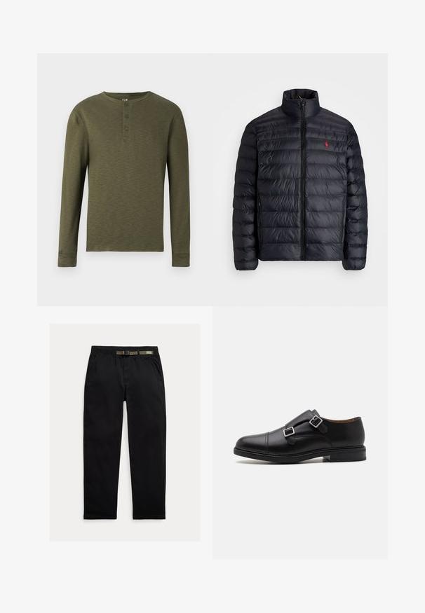 Melnā pūkainā jaka ar augstu apkakli, ar kvadrātkūtīgu tekstūru un priekšējo rāvējslēdzēju. Ievērojams sarkans logos uz krūtīm, divas sānu kabatas.; Garais piedurkņu olīvzaļais henley krekls ar apaļu kakla izgriezumu, trim pogām apkaklīte un teksturētu auduma apdari.; Melnas bikses, izgatavotas no viegla auduma, ar elastīgu jostu un integrētu zaļu jostu, taisna piegriezuma un sānu kabatām.; Melnas ādas kleitu kurpes ar diviem sprādžu aizdari, noapaļota purngala, smalki izšuvumi un plakans, teksturēts gumijas zole.