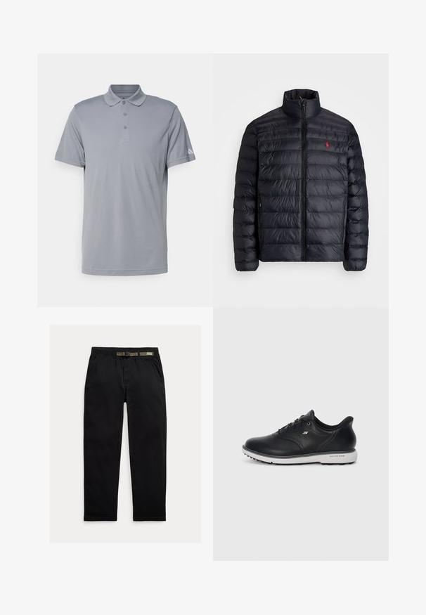 Giacca a vento nera con colletto alto, caratterizzata da una texture trapuntata e una chiusura frontale con zip. Logo rosso ben visibile sul petto, due tasche laterali.; Polo shirt grigio chiaro realizzato in tessuto morbido, con colletto classico, patta con tre bottoni e maniche corte con un logo discreto sulla manica.; Pantaloni neri in tessuto leggero, dotati di una cintura elastica integrata di colore verde, taglio dritto e tasche laterali.; Sneaker nera in pelle con lacci Skechers, suola bianca, logo laterale e grip testurizzato sulla suola su sfondo chiaro uniforme.