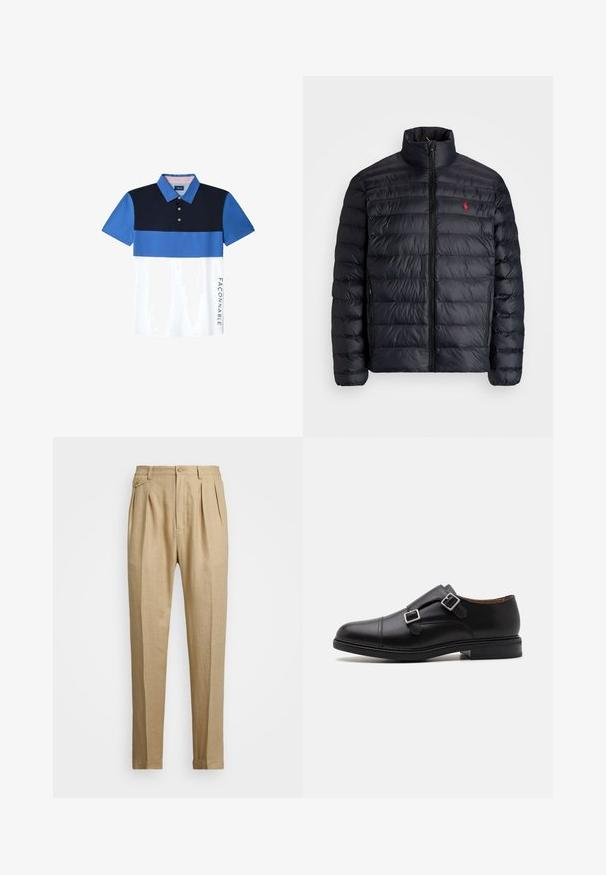 Giacca a vento nera con colletto alto, caratterizzata da una texture trapuntata e una chiusura frontale con zip. Logo rosso ben visibile sul petto, due tasche laterali.; Polo a maniche corte con un design color block in blu navy, blu e bianco. Include un colletto con bottoni e un logo sul lato.; Pantaloni in lino beige con taglio dritto, dotati di due pince anteriori, chiusura con bottone e tasche laterali. Tessuto testurizzato con una finitura liscia.; Scarpa da uomo in pelle nera con chiusura a doppia fibbia, punta arrotondata, cuciture sottili e suola piatta in gomma testurizzata.