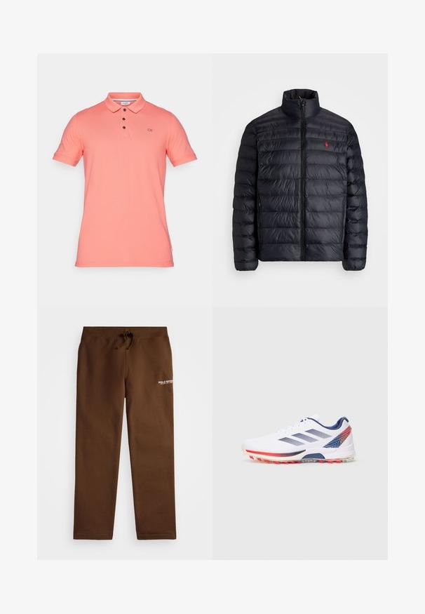 Melnā pūkainā jaka ar augstu apkakli, ar kvadrātkūtīgu tekstūru un priekšējo rāvējslēdzēju. Ievērojams sarkans logos uz krūtīm, divas sānu kabatas.; Koraļļu polo krekls, izgatavots no kokvilnas, ar klasisku apkakli, trīs pogu izvietojumu un CK logo izšuvumu krūtīs. Īsas piedurknes.; Brūni sporta bikses ar elastīgu jostu, auklas aizdari un baltu izšūtu "POLO SPORT" logotipu kreisajā pusē.; Baltas sporta apavas ar tumši zilu svītru, sarkanām un tumši zilām ģeometriskām papēža akcentiem un sarkanām zābaku uzzīmēm uz zoles, attēlots no ārējās puses.