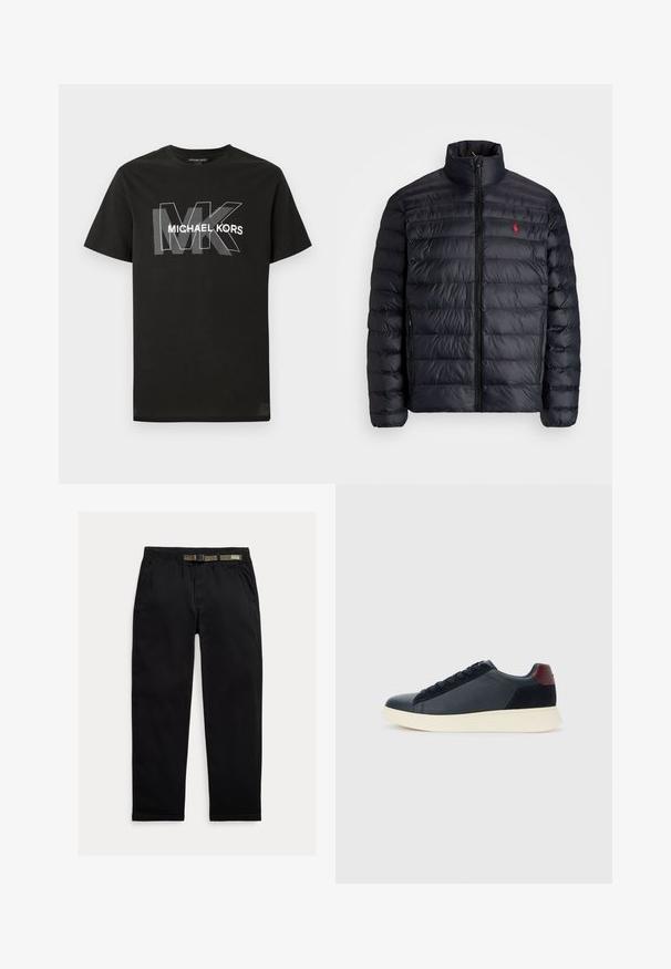 Black puffer jacket with a high collar, featuring quilted texture and a front zipper. Notable red logo on the chest, two side pockets.; Black short-sleeve t-shirt with overlapping gray "MK" letters and "MICHAEL KORS" text in white across the chest.; Black pants made of lightweight fabric, featuring an elastic waistband with an integrated green belt, straight-leg cut, and side pockets.; Low-top men's sneaker in black leather and suede with maroon heel tab and white rubber sole, viewed from the outer side.