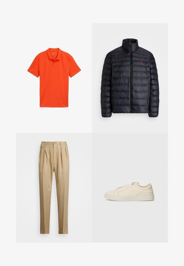 Čierna páperová bunda s vysokým golierom, s prešívanou textúrou a predným zipsom. Znateľné červené logo na hrudi, dve bočné vrecká.; Poloko tričko s krátkym rukávom v jasne oranžovej farbe, s golierom, zapínaním na tri gombíky a jemným logom na hrudi. Mäkká, textúrovaná látka.; Bežové ľanové nohavice so strihaním do rovna, so 'dvoma prednými záhybmi, s gombíkovým zapínaním a bočnými vreckami. Textúrovaná látka s hladkým povrchom.; Beige kožené tenisky s okrúhlou špičkou, minimalistickým dizajnom, jemnými švy a textúrovaným povrchom, na svetlej podrážke.