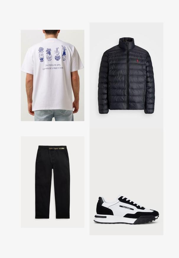 Zwarte pufferjas met hoge kraag, met een gequiltde textuur en een rits aan de voorkant. Opvallend rood logo op de borst, twee zijzakken.; Woodbird BAINE VASE - T-shirt print - wit; Zwarte broek van lichtgewicht stof, met een elastische tailleband en een geïntegreerde groene riem, recht model en zijzakken.; Sneakers met een bovenwerk van zwart suède en witte leer, voorzien van een zwarte rubberen zool, witte veters en een "POLO SPORT" logo aan de zijkant.