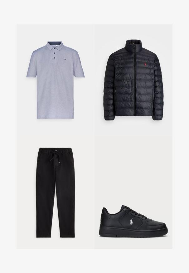 Casaco puffer preto com gola alta, apresentando textura acolchoada e um fecho à frente. Logotipo vermelho notável no peito, dois bolsos laterais.; Camisa polo azul claro feita de uma mistura suave de algodão, com uma pala de três botões, mangas curtas e um pequeno logo CK preto no peito.; Calças casuais pretas com cintura elástica, cordão de ajuste, botão frontal e bolsos laterais, exibidas sobre um fundo simples.; Sapatilhas pretas em couro com um design perfurado, fecho de atacadores plano e um logótipo bordado branco de lado. Sola grossa em borracha preta.