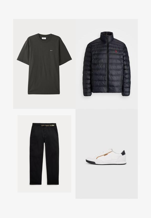 Must läikiv must puffer-jakk kõrge kraega, millel on distsiplineeritud õmmeldud tekstuur ja ettepoole avanev lukustus. Silmapaistev punane logo rinnal ja kaks küljetaskut.; NN.07 ADAM EMB - Lihtne T-särk - khaki; Kergedest kootud mustad püksid, millel on elastne vöökoht, integreeritud roheline vöö, sirge jalgade lõige ja küljetaskud.; Valged sportlikud jalatsid, millel on võrkkangas ja nahkdetailid. Omab kuldset "BOSS" logo, tekstureeritud külgpaneele ja musta kontsakaant. Kummist tallad.