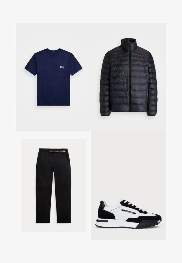 Casaco puffer preto com gola alta, apresentando textura acolchoada e um fecho à frente. Logotipo vermelho notável no peito, dois bolsos laterais.; T-shirt de algodão azul marinho com decote redondo. Apresenta um bolso do lado esquerdo com "POLO" impresso em branco. Mangas curtas.; Calças pretas feitas de um tecido leve, com uma cintura elástica com um cinto verde integrado, corte reto e bolsos laterais.; Ténis com um cabedal em camurça preta e pele branca, apresentando uma sola em borracha preta, atacadores brancos e um logo "POLO SPORT" na lateral.